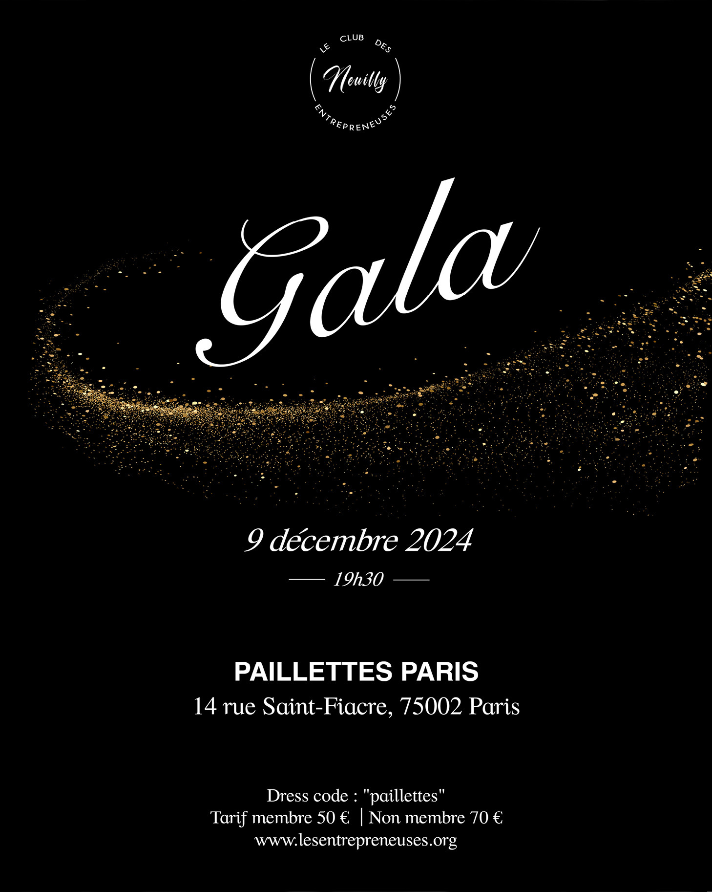 Invitation réalisée par Plate ou Gazeuse pour participer à la soirée de fin d'année du Club des Entrepreneuses au restaurant Les Paillettes